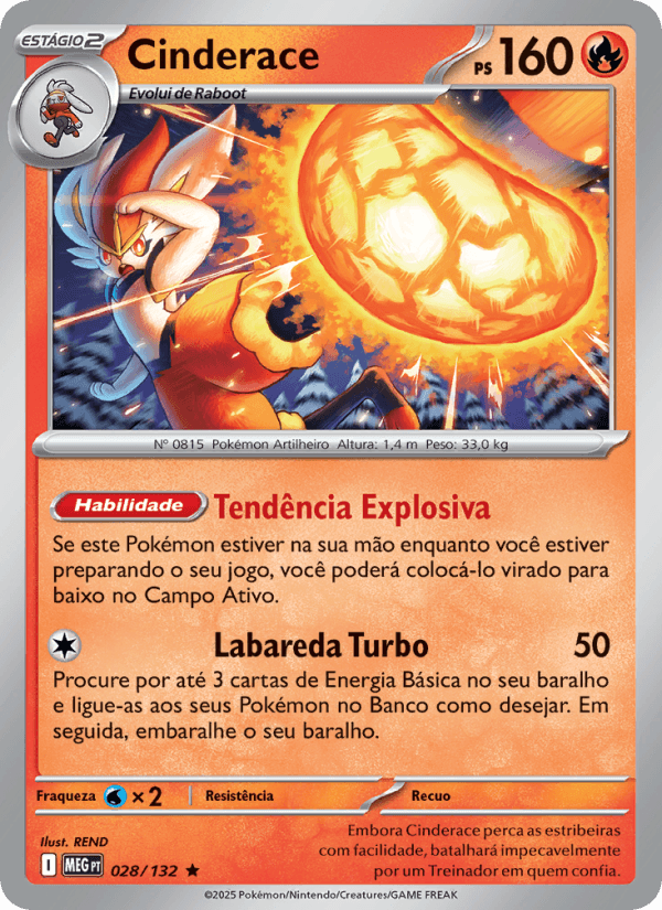 Cinderace, carta 028 da expansão Mega Evolução