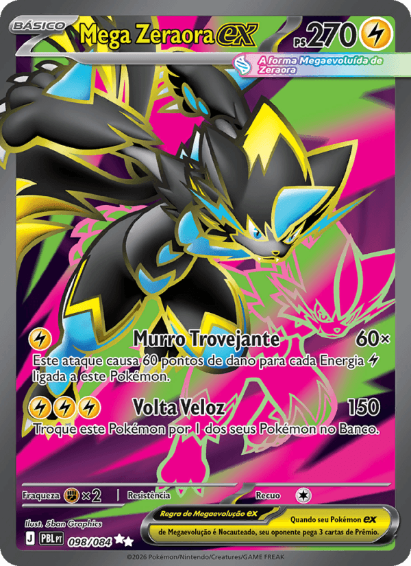 Mega Zeraora ex, carta 098 da expansão Escuridão Absoluta